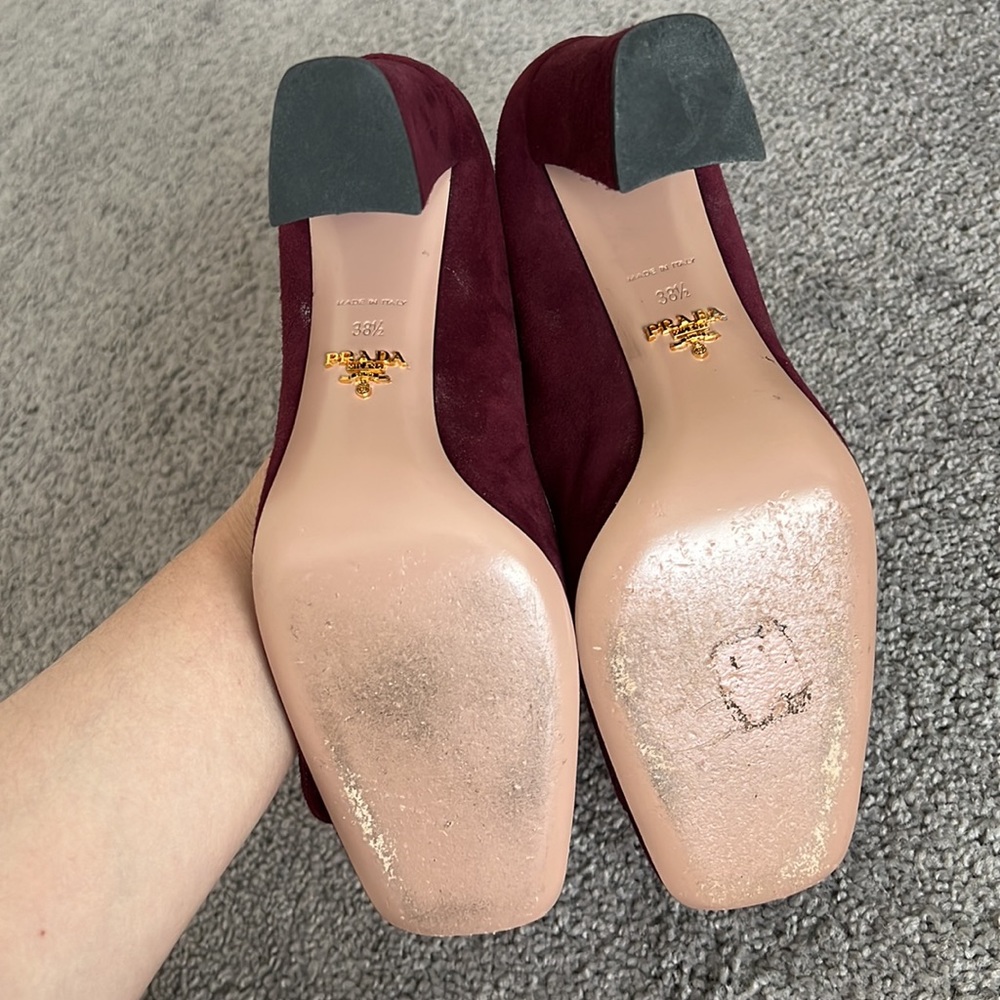 Prada Burgundy Suede Gold Button Heels - Picture 8 of 10